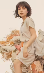 a woman sitting on the rocks wearing an outfit