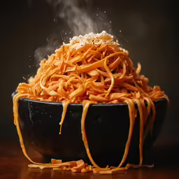 cooked noodles piled in a black bowl on a dark surface