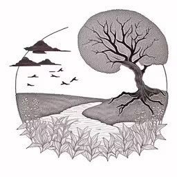 a black and white drawing of trees with birds flying overhead,the drawing is done on paper and depicts trees with no leaves,some birds are flying over a lake near a tree,an image of a tree that is on the ground,an ink drawing of a tree with a pond in the foreground