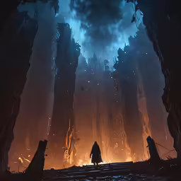 a man standing in the middle of a forest filled with fire