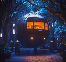 a large spherical looking house surrounded by trees