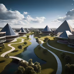 several pyramid houses and gardens with a pond