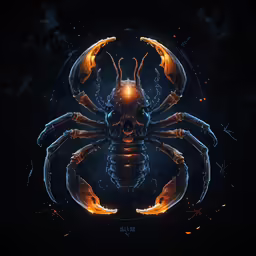 a stylized crab is seen on a dark background
