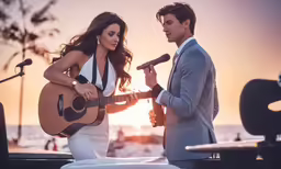 a man holding an acoustic guitar next to a woman