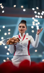 a woman in white uniform holds a plate with food