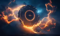 a sci - fiish artwork shows the shape of a clock in flames