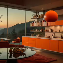 a modern kitchen with an orange color scheme and a view
