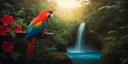 a brightly colored parrot perched on a tree near a waterfall