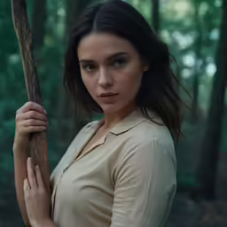 a woman in a nude shirt holding a stick