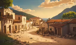 a street with adobe - colored homes, stone paved streets and mountains in the background,an empty courtyard in an old abandoned town