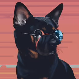 a dog wearing glasses is posed against a wall