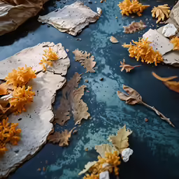 the blue surface is covered with different types of leaves