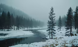 a river surrounded by pine trees covered in snow