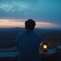 the back view of a man with a light on his hand