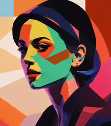 an abstract painting with the image of a woman with earrings,the colorful face of a woman with earring, black hair and eyeshadow