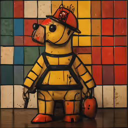 the yellow toy animal is standing in front of the tile