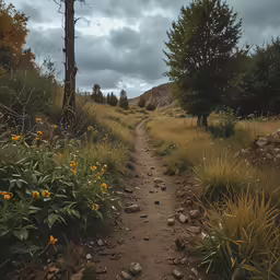 a dirt path in the woods surrounded by tall grass