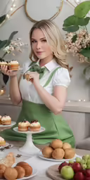 the woman is posing for a picture with the trays of food