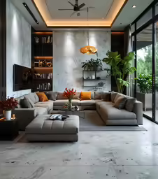 large open living room decorated in beige and gray
