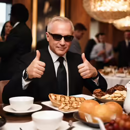 the man is sitting at a table with his hand in his ears