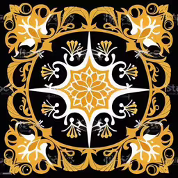 an oriental design with decorative white flower elements and black background,an intricate gold, white and black pattern,an intricate design with white and yellow,an ornate square frame in gold and black,a floral square pattern with gold flowers on black background