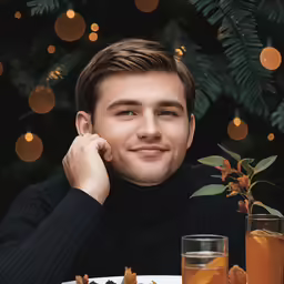 man sitting in front of table with food and drink