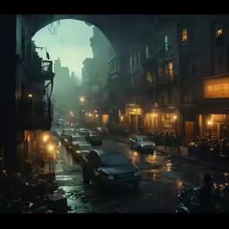 the night is busy with parked cars in a wet city