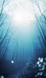 the sun is peeking through the trees in the fog