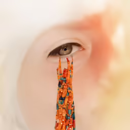 a womans face with eye contacture and an orange beaded object