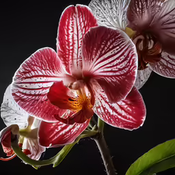 two red and white flowers on stem in dark background