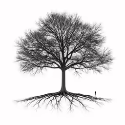 black and white photo of a tree with roots
