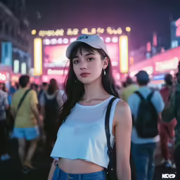 a woman is posing for a picture at a festival