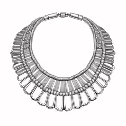 a wire - wrapped necklace is displayed on a white background,a necklace made with metal bars and beads,a metal necklace that is made from silver colored wire,an image of a necklace that has a large circular design,an art deco style necklace made out of metal rods