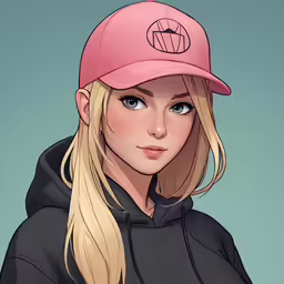 a woman with a pink hat is wearing a black sweatshirt