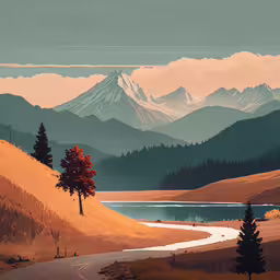 a road is winding through the field towards a lake,an illustrated picture of a snowy mountain valley