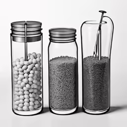 three glass jars with food in them sitting on a table