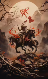 a man on a horse in front of the full moon