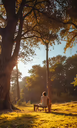 woman sitting on a bench under the shade of a huge tree
