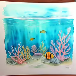 a drawing of the ocean floor with fish and corals,a watercolor painting of two clown fish sitting on corals and under water,the painting depicts corals and an underwater scene,an orange fish sits on top of some algae,this painting is underwater and shows corals and fish