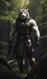 the white tiger in the woods is holding a sword