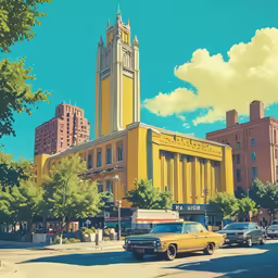 two cars are parked in front of a tall yellow building