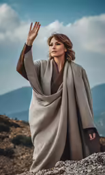 the woman is wearing a cape and standing on a rocky hill