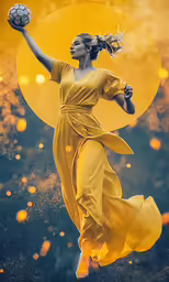 a woman dressed in yellow holding a soccer ball