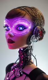 a woman with headphones and a purple light in her eyes