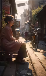 a woman sits on a bench while staring into the distance