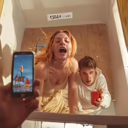 a woman taking a selfie in a mirror with a man