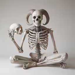 there is a skeleton sitting on the ground with an animal in its hand