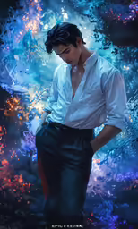 a person wearing a shirt and pants standing in front of some water