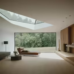 a large window is above the room and an empty couch
