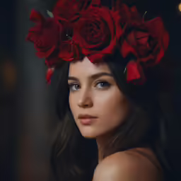 a woman in red dress and a bunch of roses on her head